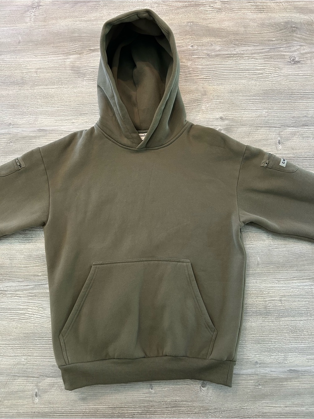 Comfrt Unisex Weighted Hoodie Olive Green Sage Small Zip Sleeve Pockets Pullover